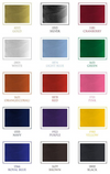 Select embroidery thread colors.  Gold, silver, cranberry, white, light blue, green, orange(coral), red, pink, navy, purple, yellow, royal blue, brown, black.